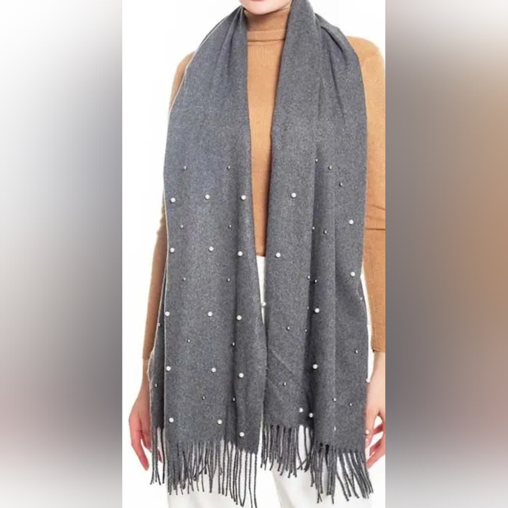 Grey Pearl Accent Scarf With Fringe
